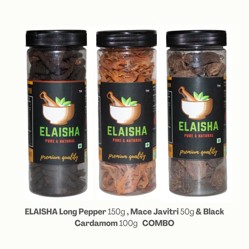 ELAISHA Long Pepper 150 Grams - Mace Javitri 50 Grams - Black Cardamom Whole 100 Grams  (3 x 100 g)