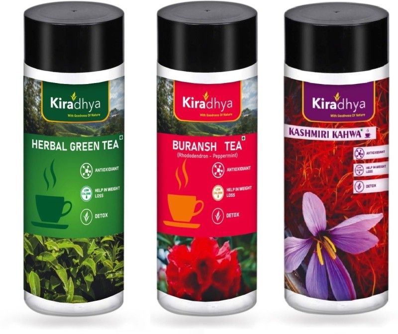 Kiradhya Trading Herbal Green Tea + Buransh Tea + Kashmiri Kahwa 3X50 Gram Combo Green Tea Plastic Bottle  (3 x 50 g)