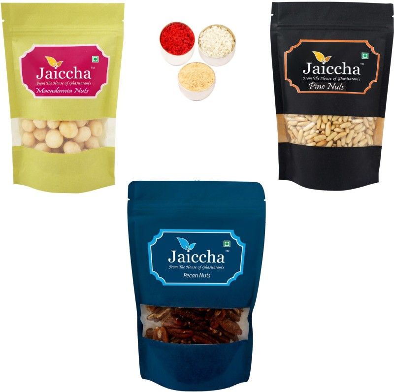 Jaiccha Pine Nuts Without Shell (Chilgoza), Pecan and Macadamia with Roli, Chawal and Chandan Combo  (300 g)
