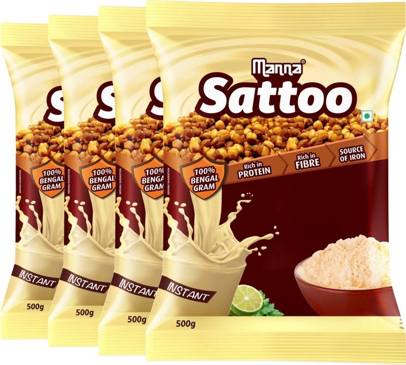 Manna Sattoo 2kg (500g x 4 Packs) | Sattu Drink Mix (100% Natural) - Indian Protein Mix, High Fibre, Healthy roasted Chickpeas Flour  (2 kg, Pack of 4)