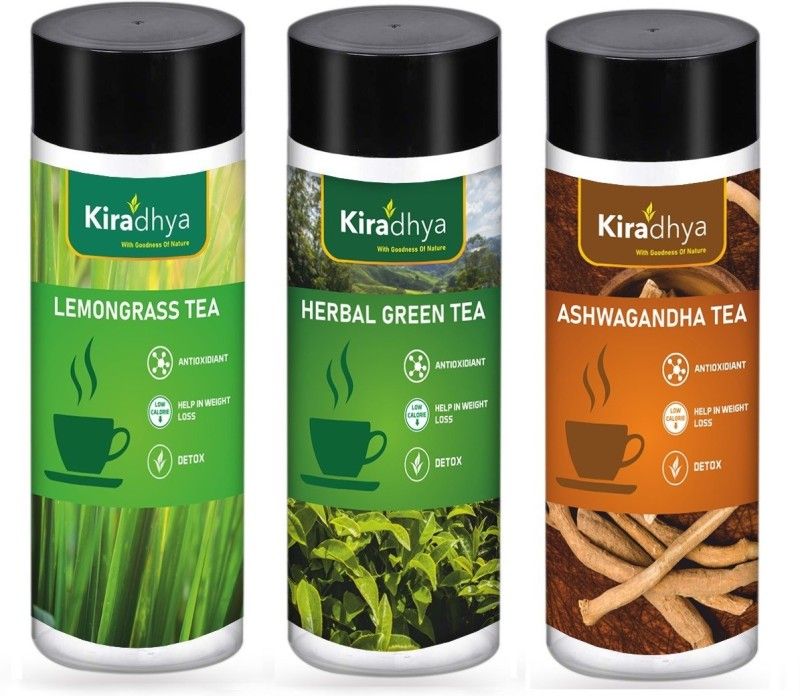 Kiradhya Trading COMBO OF 3 (HERBAL GREEN TEA + ASHWAGANDHA TEA + LEMON GRASS TEA) REGULAR TEA 75 GRAM EACH IN PLASTIC BOTTLE, GOOD FOR HEALTH, REGULAR TEA, MAKE WITH HONEY FOR GOOD TASTE Tea Plastic Bottle  (3 x 75 g)
