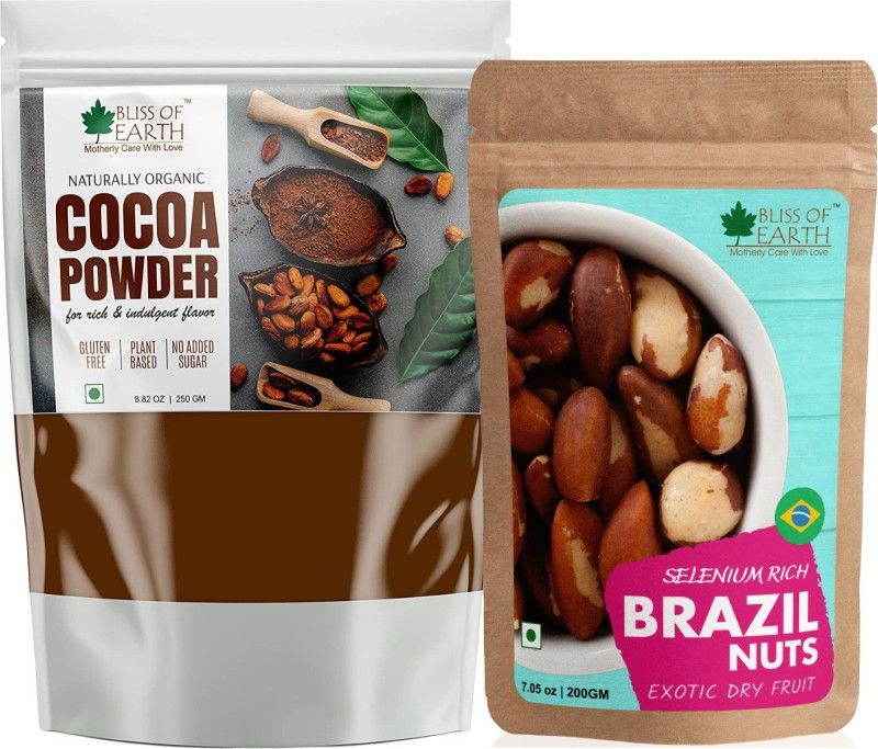 Bliss of Earth Combo of Healthy Brazil Nuts (200gm) Selenium Rich Super Nut and Alkalized Dark Cocoa Powder (250gm) for Chocolate Cake Making & Chocolate Hot Milk Shake, Unsweetened Pack of 2 Combo  (200 gm, 250 gm)