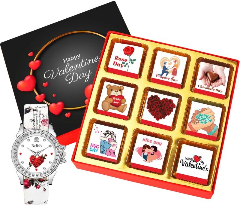 Chocoloony Valentine Day Chocolate Gift Box with Red Heart Watch for Girlfriend -507WS Combo  (9 Pcs Chocolate Box, Wrist Watch)