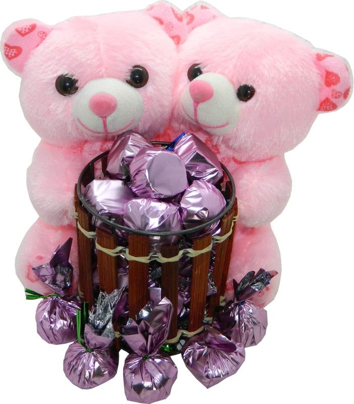 Rich'U Chocolates Twin Teddy Bear Pen Stand (Pink Color) with Chocolates (12 Pcs) Combo  (Chocolates - 12 Pcs, 1 Soft Twin Teddy Bear Pen Stand)