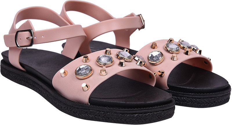 Women Black, Pink Flats Sandal