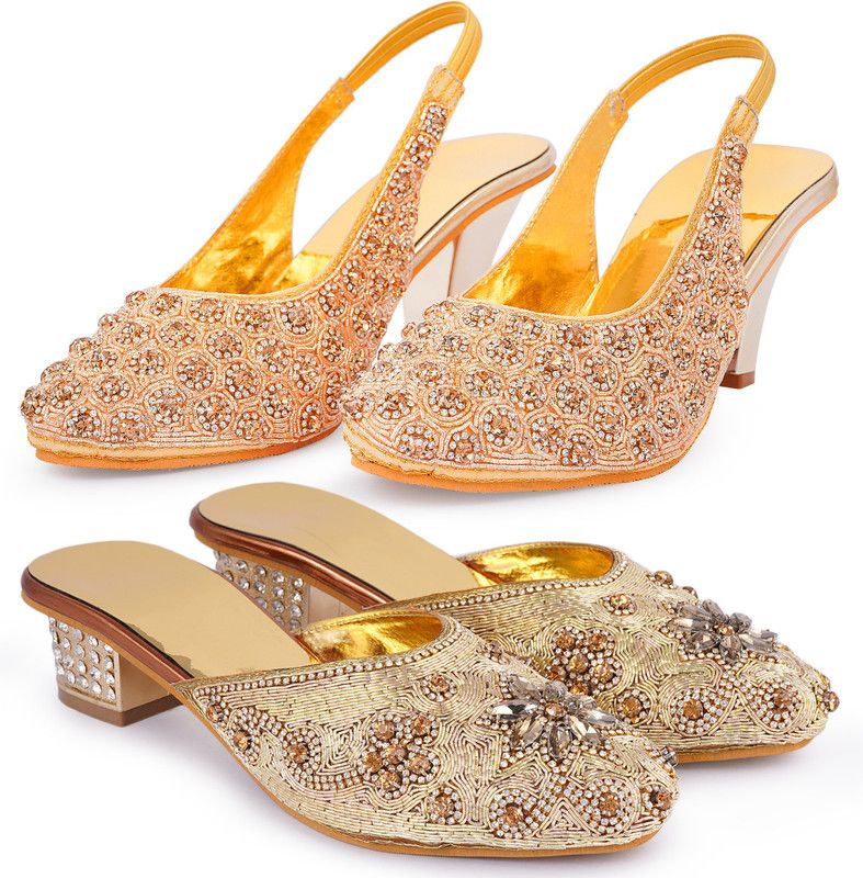 Women Brown, Gold Heels Sandal