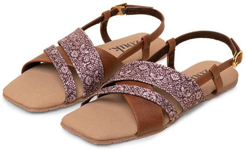 Women Brown, White Flats Sandal