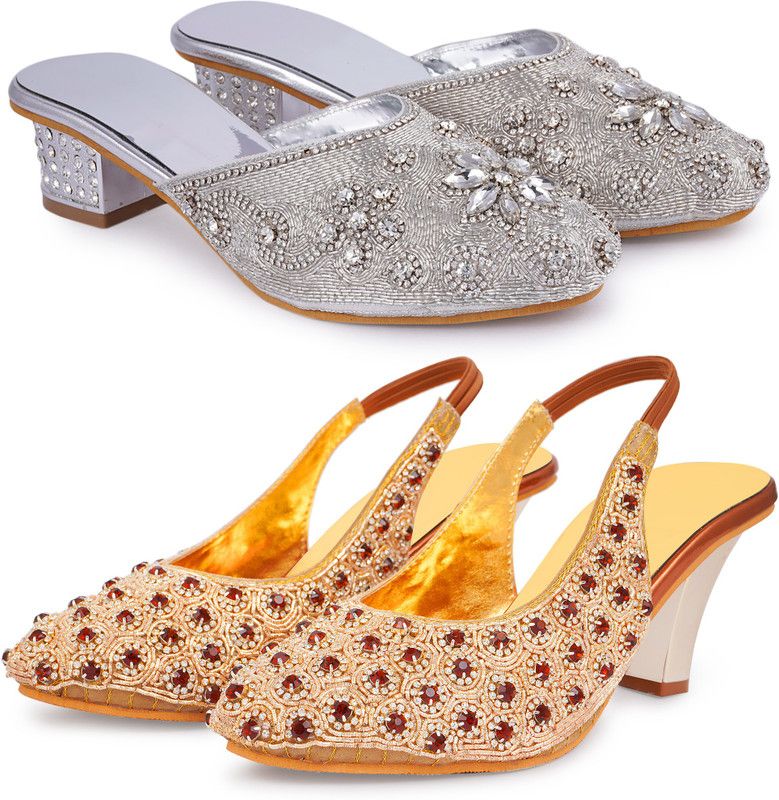 Women Silver, Gold Heels Sandal
