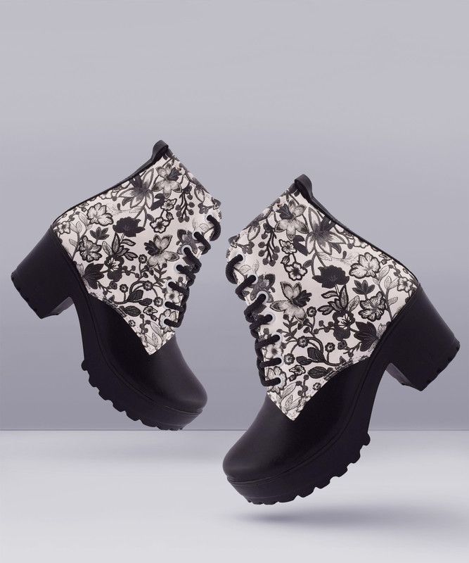 Girls Casual Floral Printed Boots For Women  (Black)