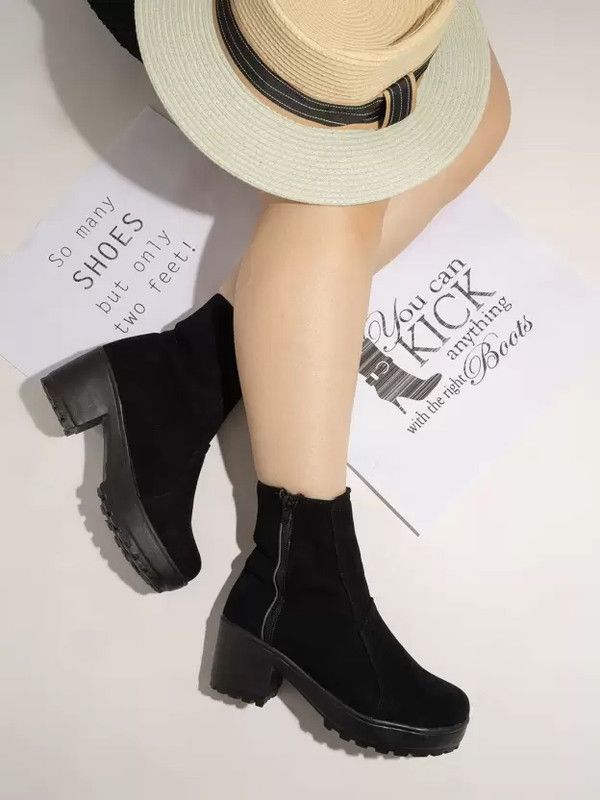 Women's Ankle Length Block Heel Black Stylish and Fashionable Boots Side Zip Boots For Women  (Black)