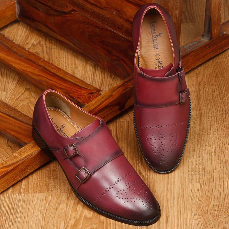 Men's Demesure Unerobe Italian Handmade Rosewood Noir Formal Monks Shoes (EUDM) Corporate Casuals For Men  (Red)