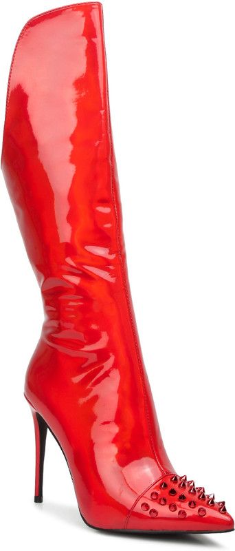 Red Forbidden Gold Stud Stiletto Calf Boots Boots For Women  (Red)