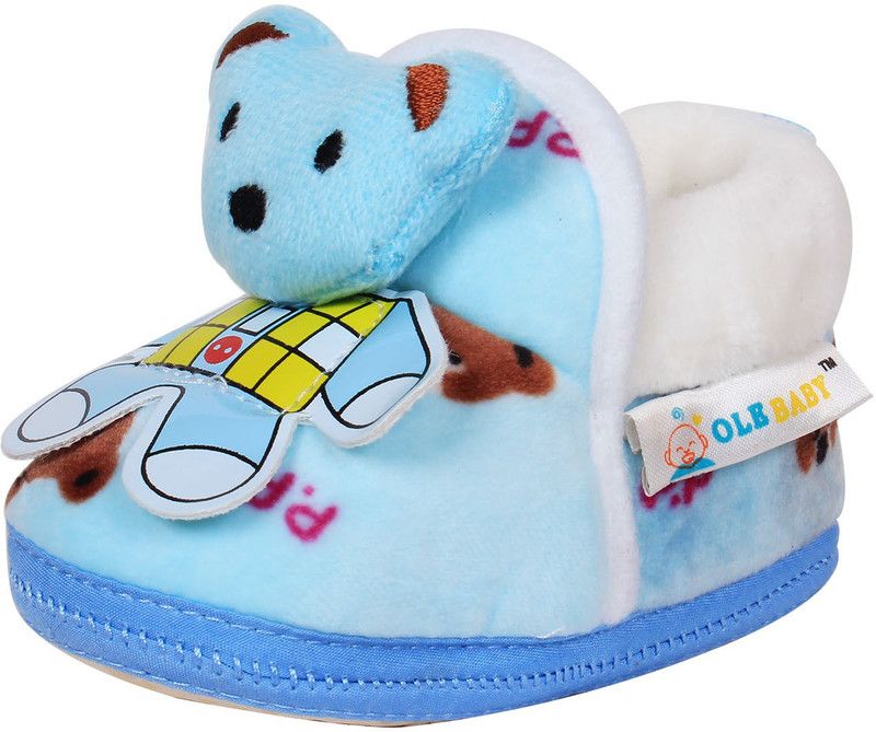 OLE BABY Teddy Plush and Applique Soft Furry Organic 3d Toons 12-18 Months Booties  (Toe to Heel Length - 13 cm, Blue)