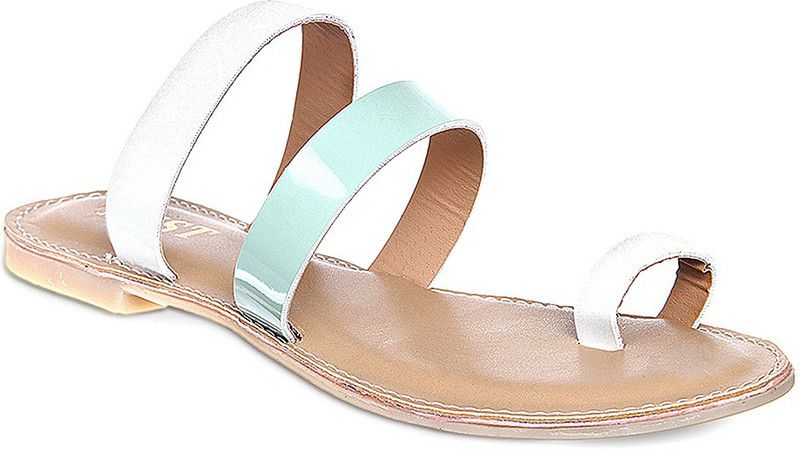 Women Green, White Flats Sandal
