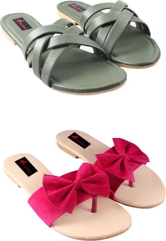 Women Pink, Green, Beige Flats Sandal