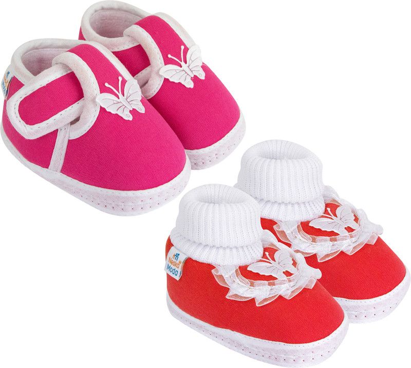 0 To 6 Months Baby Girls Pack Of 2 Pair Cotton Butterfly Frill Booties  (Toe to Heel Length - 10 cm, Rani Pink, Red)