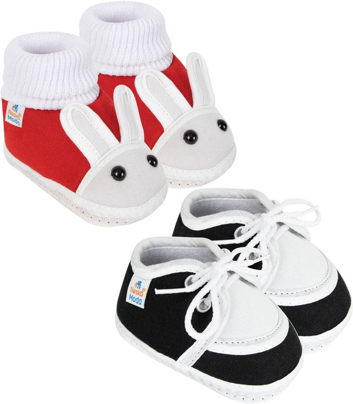 Neska Moda 6 To 12 Months Baby Boys & Baby Girls Pack of 2 Pair Cotton Rabbit Face & Lace Booties  (Toe to Heel Length - 12 cm, Red, Black)