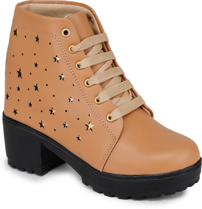 Shoes Girls Women Casual Stylish High Heel Ankle Boots| New Model| Party Wear | With Laser Cut Design Boots For Women  (Beige, Gold)