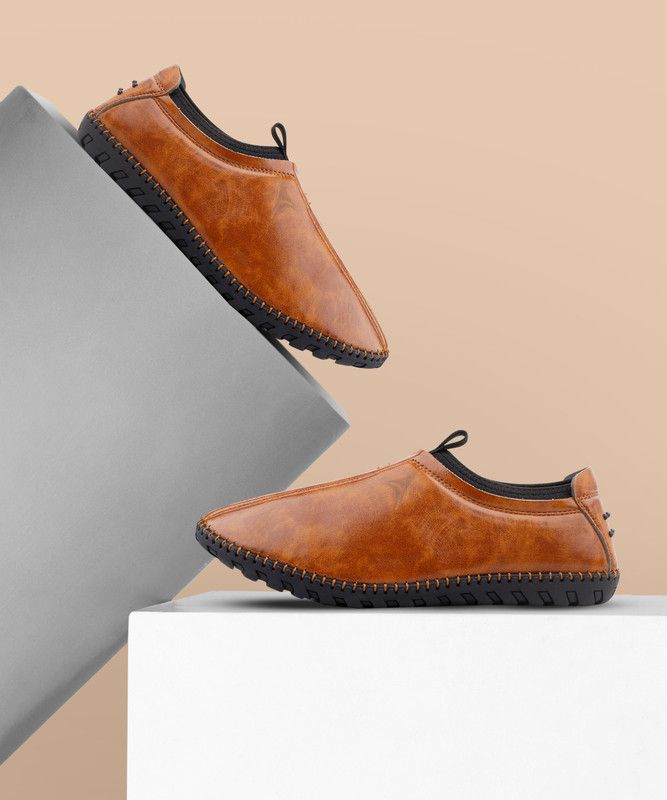 Faux Leather Slip On Sneakers For Men  (Tan)