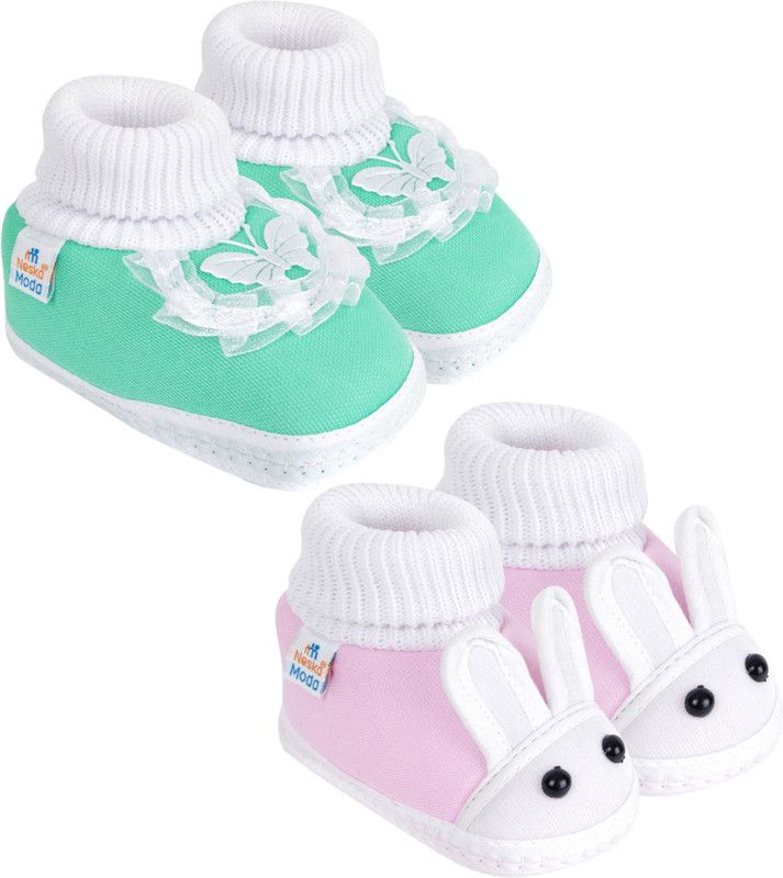 Neska Moda 0 To 6 Months Baby Girls Pack of 2 Pair Cotton Butterfly Frill and Rabit Face Booties  (Toe to Heel Length - 10 cm, Mint, Baby Pink)
