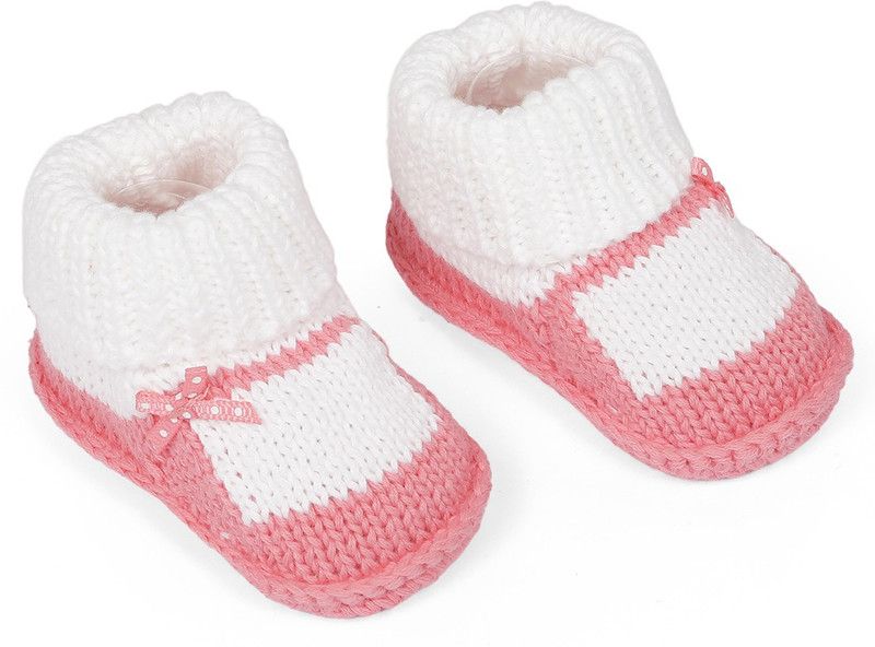 Baby Moo Bow Newborn Crochet Socks Booties - Pink Booties  (Toe to Heel Length - 10 cm, Pink)