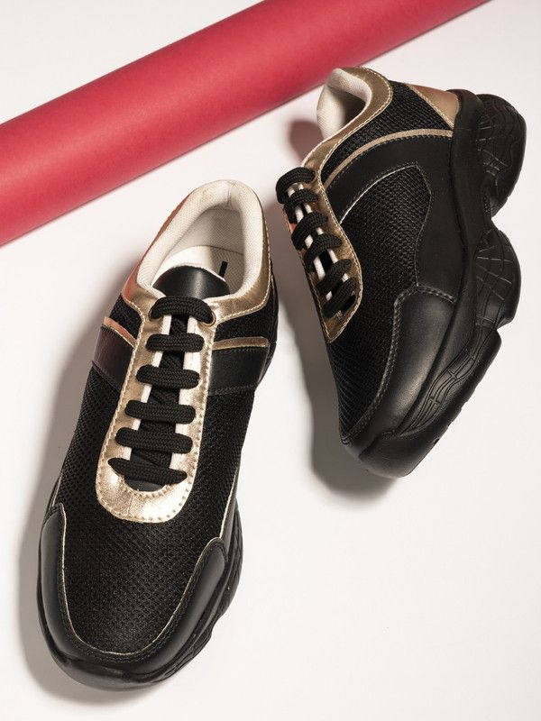 HERE&NOW Women's Black Faux Leather Women Casual Sneakers Sneakers For Women  (Black)