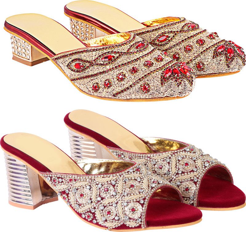 Women Gold, Maroon, Red Heels Sandal