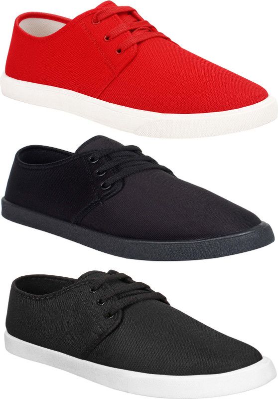 Combo Pack of 3 Casual Loafer Sneakers Shoes Canvas Shoes For Men  (Black, Red)