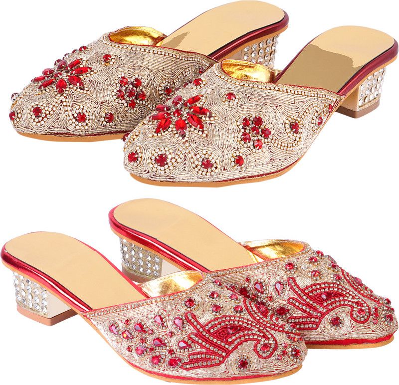 Women Maroon, Red, Gold Heels Sandal