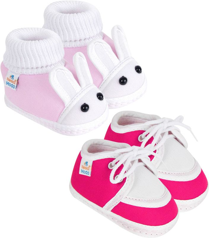 Neska Moda 0 To 6 Months Set of 2 Pair Baby Girls Cotton Rabbit Face and Lace Booties  (Toe to Heel Length - 10 cm, Baby Pink, Rani)