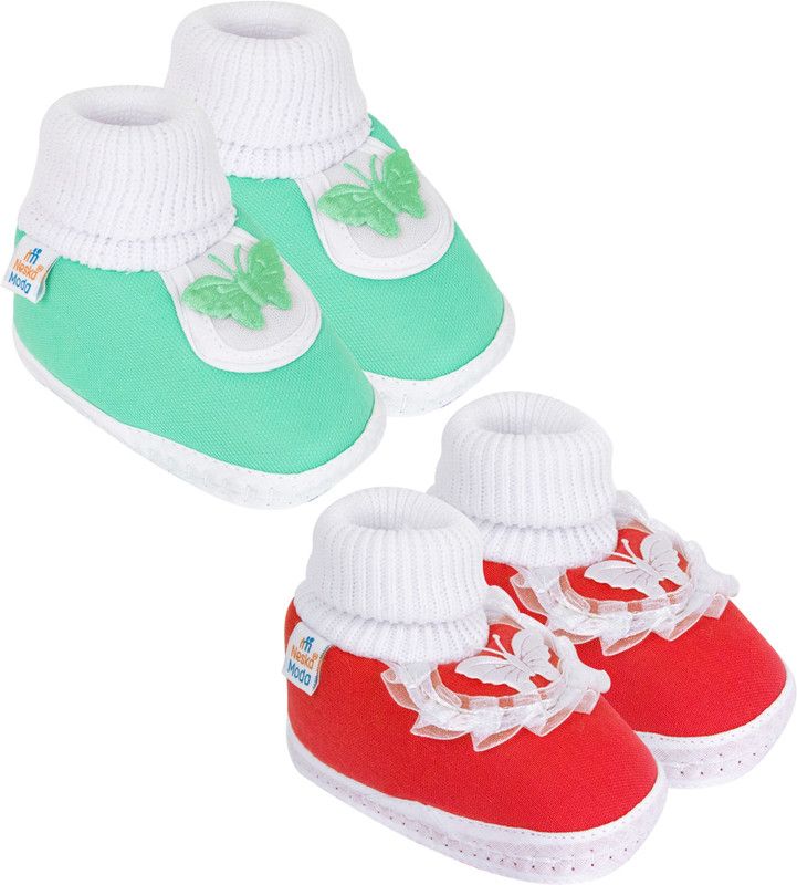 Neska Moda 0 To 6 Months Baby Boys & Baby Girls Pack of 2 Pair Cotton Butterfly Frill Booties  (Toe to Heel Length - 10 cm, Mint, Red)