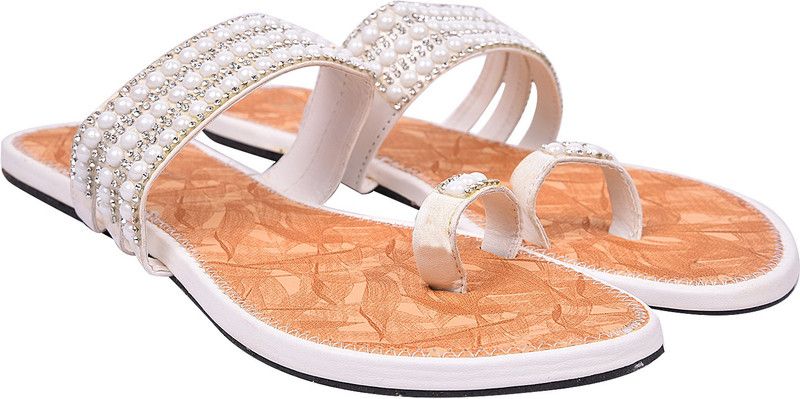 Women White, Beige Flats Sandal