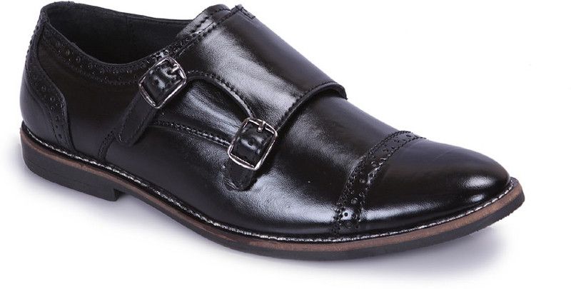 JEF050A FORMAL LEATHER BLACK MONK STRAP SHOES FOR MEN Casuals For Men  (Black)
