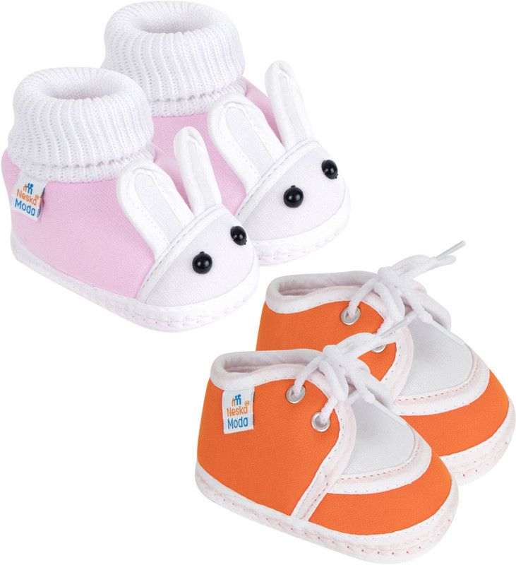 Neska Moda 6 To 12 Months Baby Boys & Baby Girls Pack of 2 Pair Cotton Rabbit Face & Lace Booties  (Toe to Heel Length - 12 cm, Baby Pink, Orange)