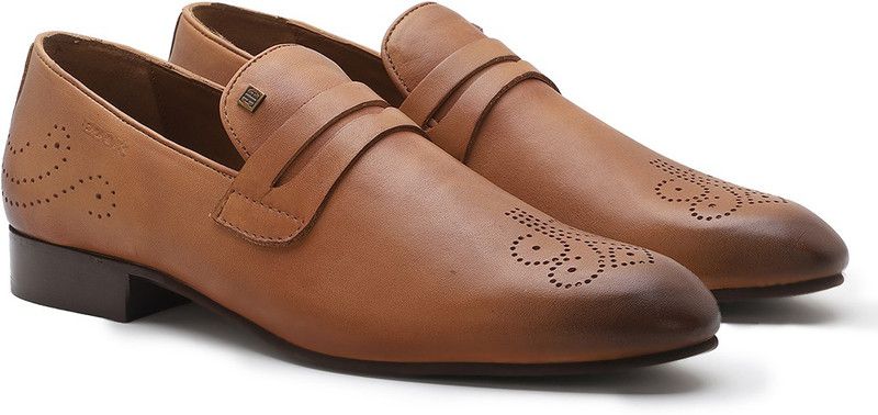 Tan Formal Penny Loafers With Perforated Toe Slip On For Men  (Tan)