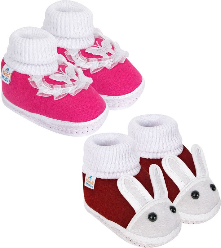 Neska Moda 6 To 12 Months Pack of 2 Pair Cotton Butterfly Frill and Rabit Face Baby Booties  (Toe to Heel Length - 12 cm, Rani, Maroon)