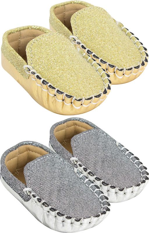 Neska Moda 6 To 9 Months Set Of 2 Baby Boys Synthetic Leather Baby Loafer Booties  (Toe to Heel Length - 12 cm, Gold, Silver)