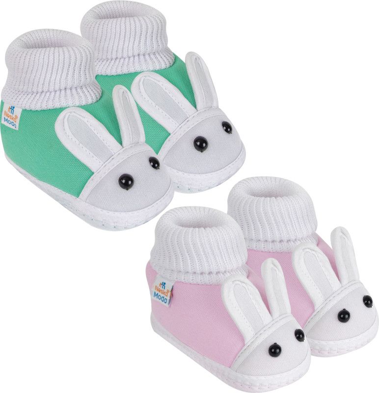12 To 18 Month Set of 2 Pair Rabbit Face Baby Booties  (Toe to Heel Length - 13 cm, Light Green, Baby Pink)