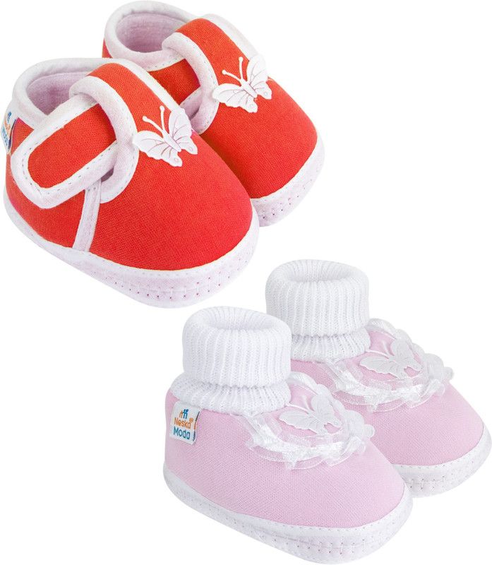 Neska Moda 12 To 18 Months Baby Girls Pack of 2 Pair Cotton Butterfly Frill Booties  (Toe to Heel Length - 14 cm, Red, Baby Pink)