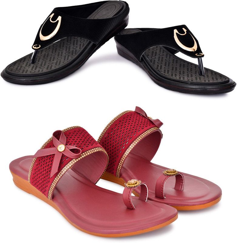 Women Maroon, Black Flats Sandal