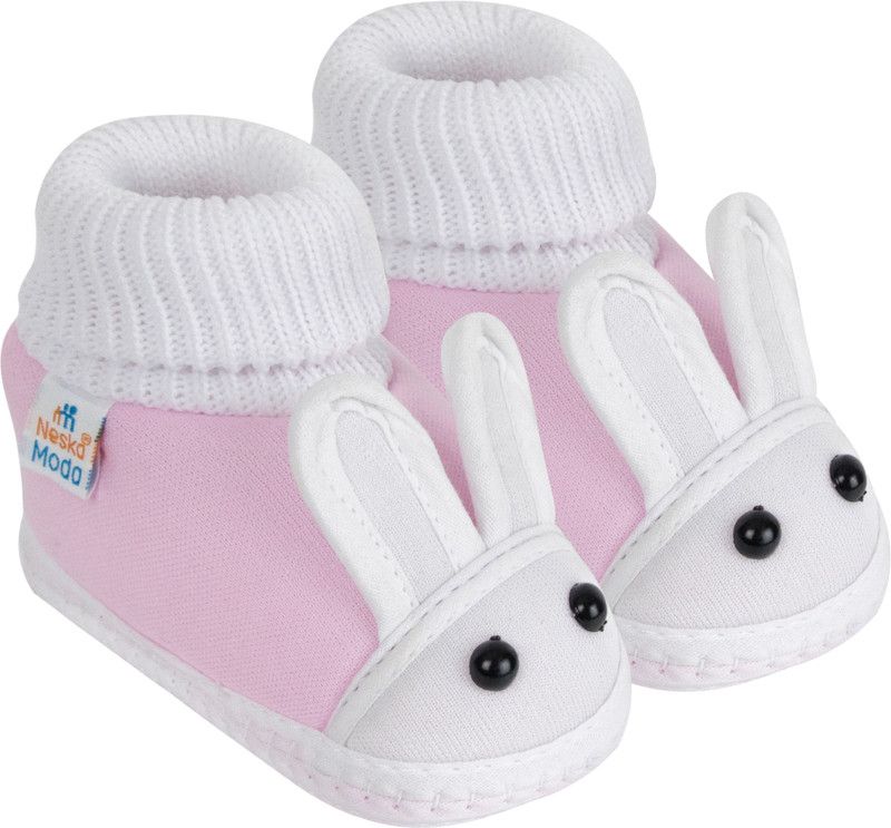 Neska Moda 12 To 18 Months Cotton Rabbit Face Slip On Booties  (Toe to Heel Length - 14 cm, Baby Pink)