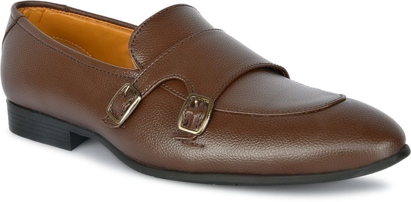 Men's Formal Leather Monk Strap Shoes Handmade Finest Quality Synthetic Leather Shoes for Men Featherly Comfortable Gunmetal Monk Strap For Men  (Brown)