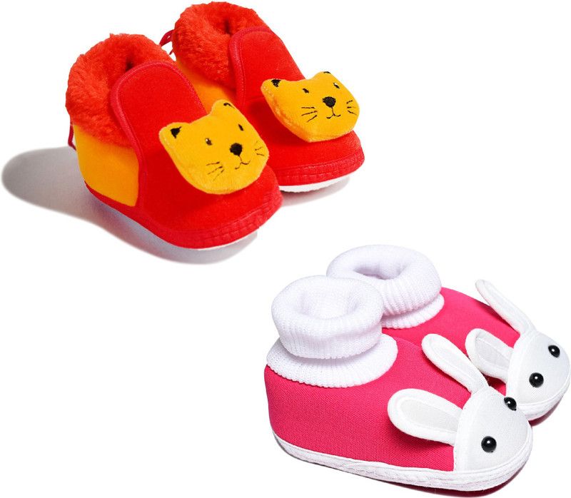 Mynekids Pack of 2 Teddy Style Cotton Smart Denim Anti Skid and abbit style Soft Socks for 3 to 12 Months for Baby Boy & Girl ,Multicolor booties combo ( Multicolor ) RK54-Red-Orange-RK68-RaniPink Booties  (Toe to Heel Length - 12 cm, Multicolor)