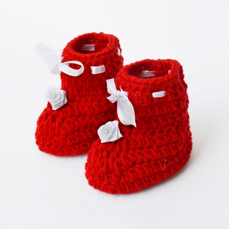 LOVE CROCHET ART Booties  (Toe to Heel Length - 9 cm, Red)