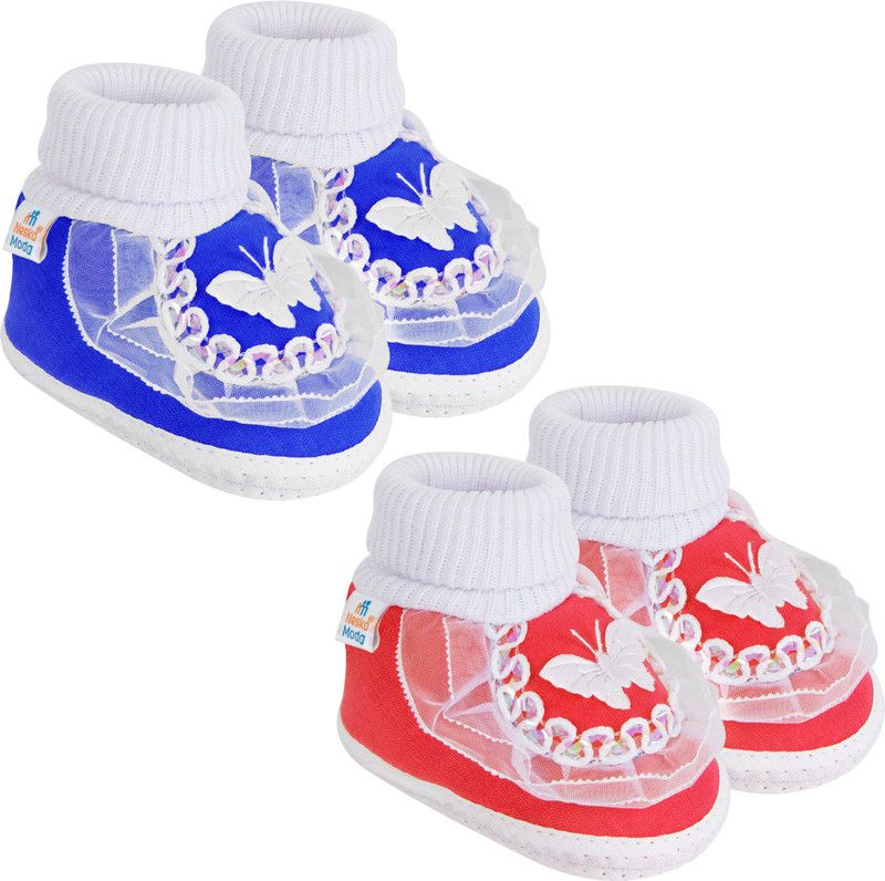 12 To 24 Months Set of 2 Pair Butterfly Frill Baby Booties  (Toe to Heel Length - 13 cm, Blue, Red)