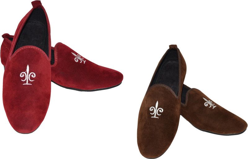 Stylish Combo Pack of 2 Velvet Casual Loafer Shoes For Men Loafers For Men  (Red, Brown)