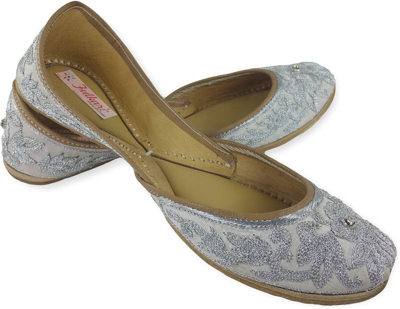 Genuine Leather Embroidered And Comfortable Wall Flower Flat Jutti Ethnic Shoe Slip On For Women  (Silver, White)