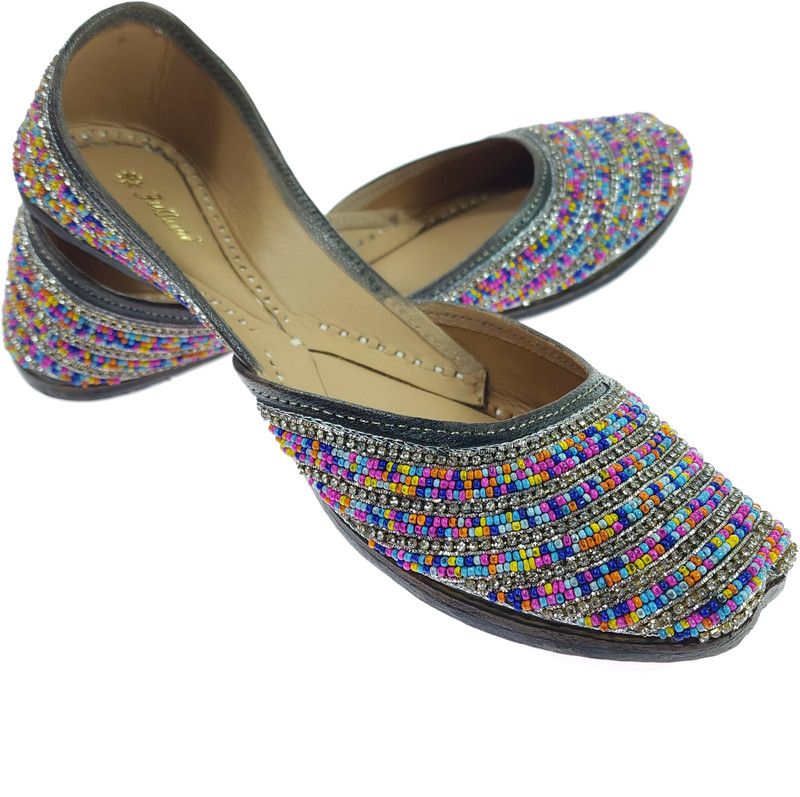 Colors Beads Grey Multi Genuine Soft Leather | Bite Free Embroidered Jutis | 38 Party Wear For Women  (Multicolor)