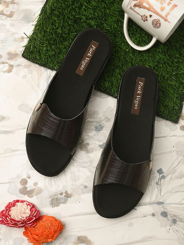 Women Gold, Black Wedges Sandal