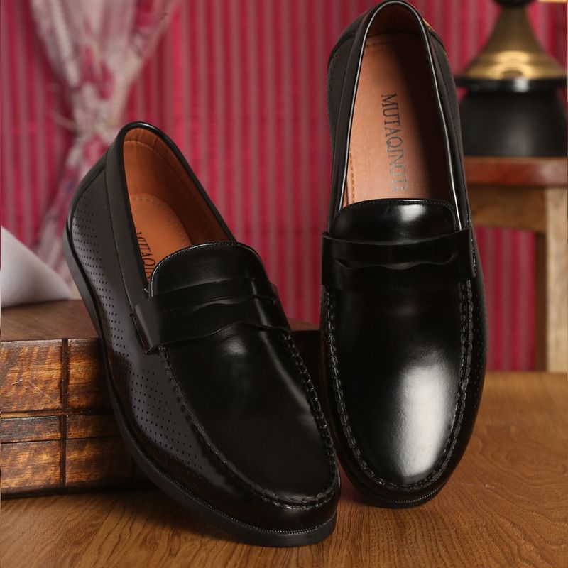 Black Luxury Leather Patina Work Loafer Casual Shoes For Men 9 UK (MQLXFLHSJB) Loafers For Men  (Black)